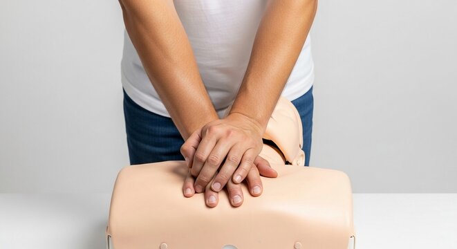 Practicing life-saving CPR chest compressions on a training manikin for emergency medical response