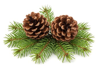 Fototapeta premium Two brown pine cones with green fir tree branches for christmas decoration