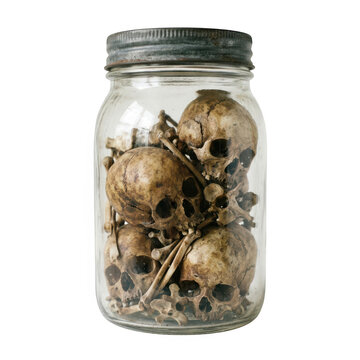 Glass jar filled with human skulls and bones isolated on transparent background