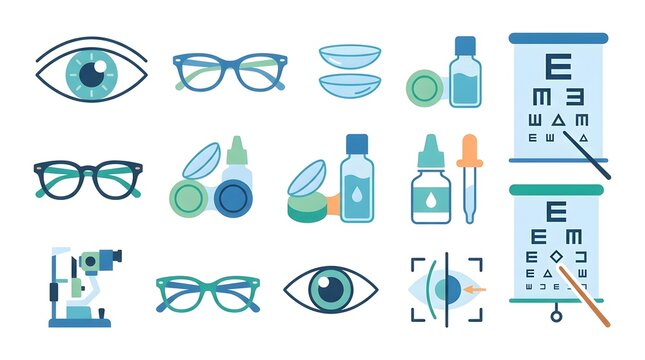 Modern ophthalmology icon set featuring eye anatomy, eyeglasses, contact lenses, eye drops, vision chart, microscope, and eye examination illustrations isolated on white background.