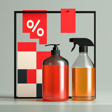 Cleaning products in pump and spray bottles with red discount signs and percentage symbol for promotional sale concept