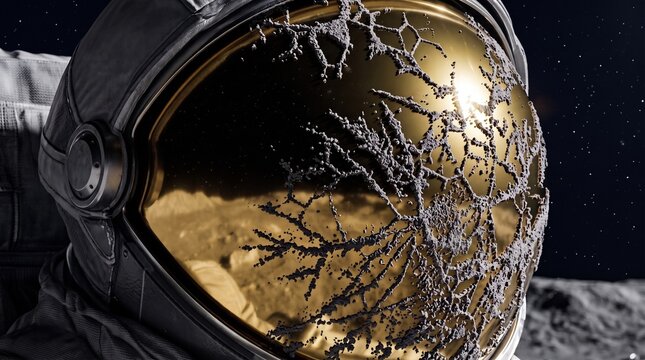 Primer plano de casco de astronauta con polvo lunar adherido