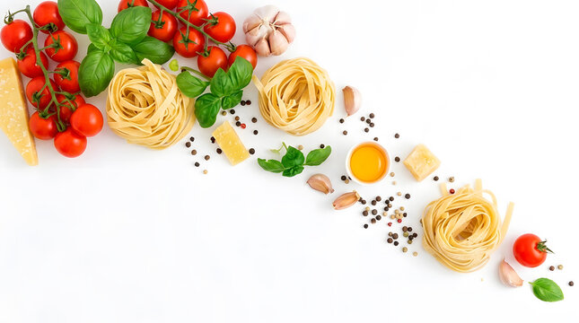 Italian Pasta Ingredients Diagonal Border with Tomatoes and Cheese | Fresh Culinary Flat Lay | Mediterranean Recipe Background Mockup