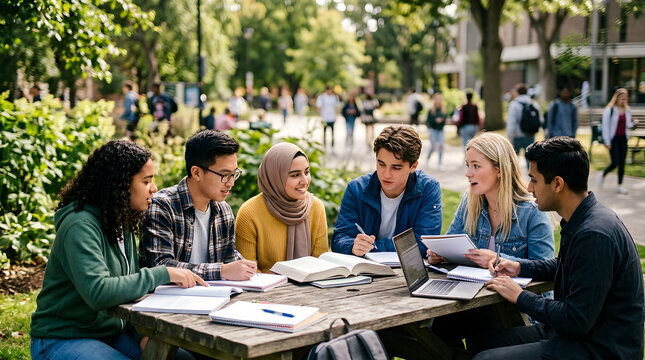 A diverse group of smiling college students engages in a collaborative outdoor study session around a rustic wooden picnic table, surrounded by books, laptops, and papers in a sunny park setting.