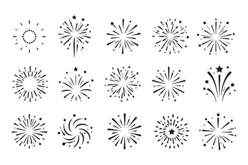 Obraz premium Set of Black Fireworks Burst and Celebration Icons Vector Collection
