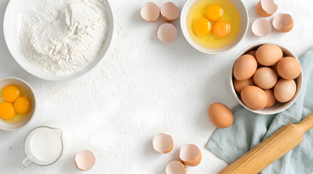 Baking Ingredients Flat Lay with Flour Eggs Milk and Rolling Pin | Fresh Pastry Making Background | Kitchen Cooking Concept