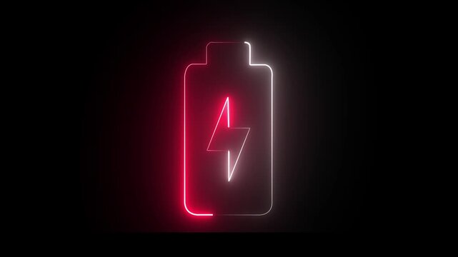 glowing neon symbol of vertical symbol of charging empty battery isolated on black background. Glowing battery fast charging. blinking lightning bolt on black background. 4k video animated. 