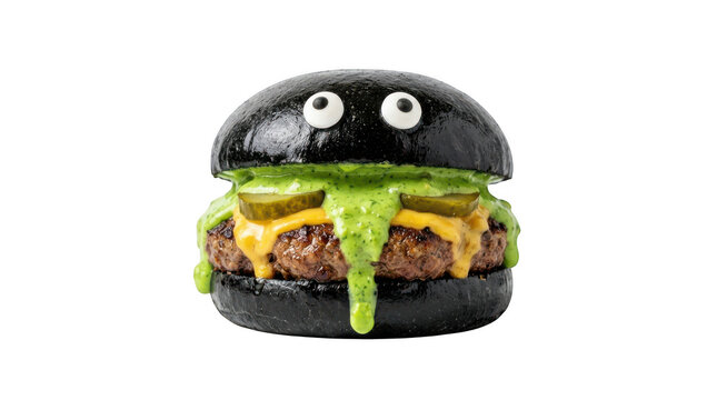 Funny monster burger with black bun and green sauce isolated on transparent background