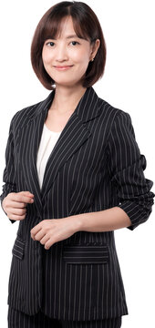Smiling asian woman expresses confidence. She wears professional pinstriped business suit and appears very approachable