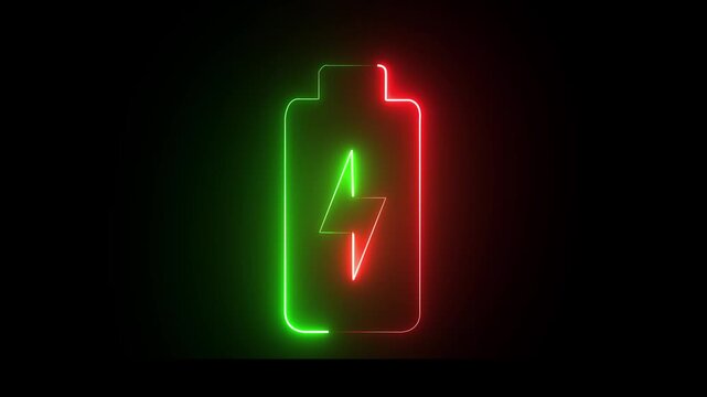 glowing neon symbol of vertical symbol of charging empty battery isolated on black background. Glowing battery fast charging. blinking lightning bolt on black background. 4k video animated. 