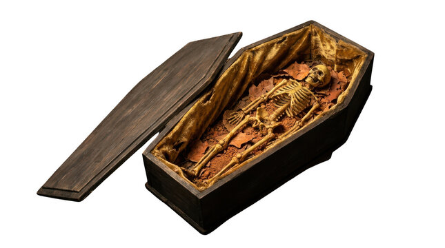 Skeleton lying in a wooden coffin isolated on transparent background