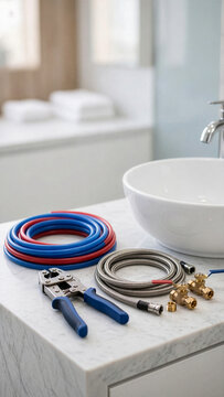 A professional pex crimping tool, red and blue tubes, braided hoses, and brass valves are arranged neatly on a marble counter next to a bathroom basin.