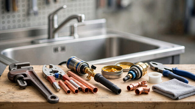 An arrangement of professional plumbing tools, copper pipes, a torch, and fittings rests on a wooden workbench in front of a blurry kitchen sink setup.
