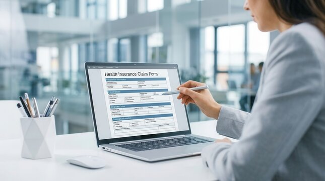 Laptop computer screen showing a woman filling out a health insurance claim form