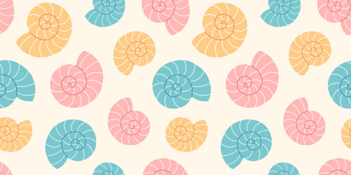 Seamless pattern with colorful ammonite shells. Repeating marine background with spiral fossil shapes for fabric, wallpaper, wrapping, textile, beach, summer and kids design. Flat vector. Hand drawn.
