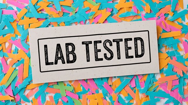 Lab tested sign over a colorful background of shredded paper. This image represents quality assurance and verification.
