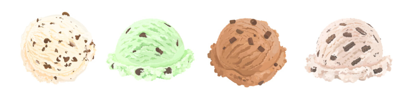 Set of cartoon vanilla, pistachio, oreo and chocolate ice cream scoop with fruits and chocolate chip. Summer vector dessert illustration isolated on white. Perfect for menu, packaging and design.