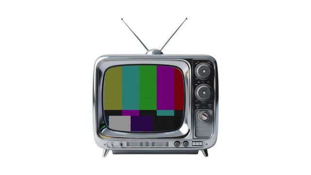 Retro silver television set displaying colorful test pattern screen isolated on white background vintage tv receiver broadcast concept