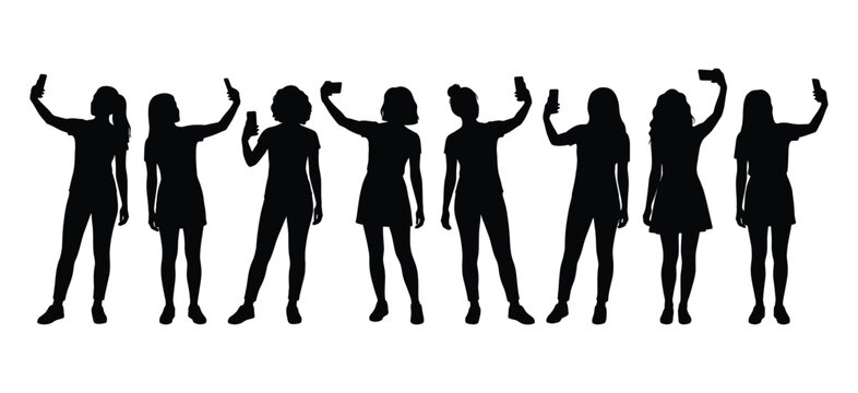 Set of silhouettes of young women taking selfies with smartphones