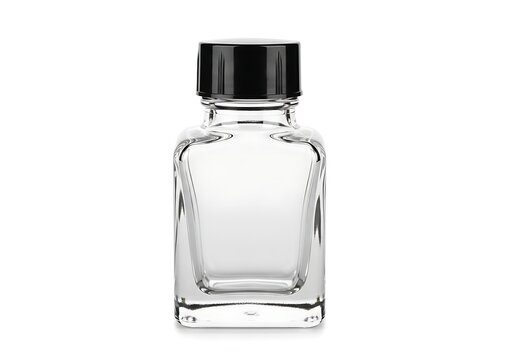 Empty square glass bottle with a black plastic cap