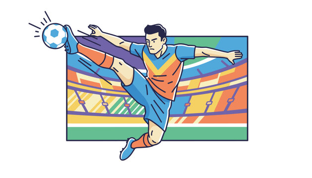 Soccer player performing an acrobatic high kick to score a goal on a colorful stadium background, vector.
