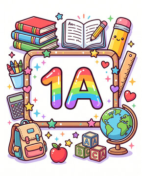 Cartoon-style 1a class supplies and classroom elements with vibrant colors  