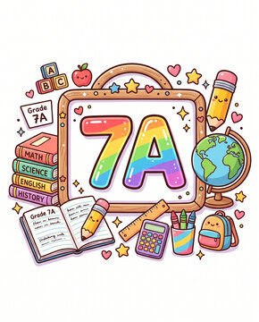 Colorful school illustration featuring supplies and subject titles 7a