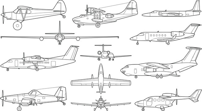 Airplane and aircraft vector blueprint line art collection featuring various planes cargo jet propeller and seaplane illustrations