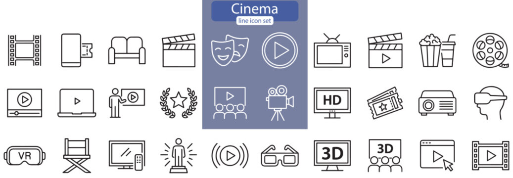 Cinema set of icon set. Movie and Film linear icon. video, movie theater, 3d, vr, popcorn, ticket, director, soundtrack.
