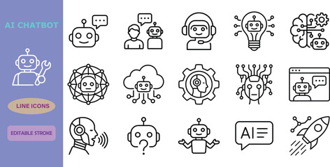 Fototapeta premium AI Chatbot and Artificial Intelligence Icon Set, Vector Collection of Machine Learning, Virtual Assistant, Neural Network and Automation Symbols.