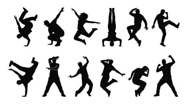 Set of silhouettes of hip hop dancers