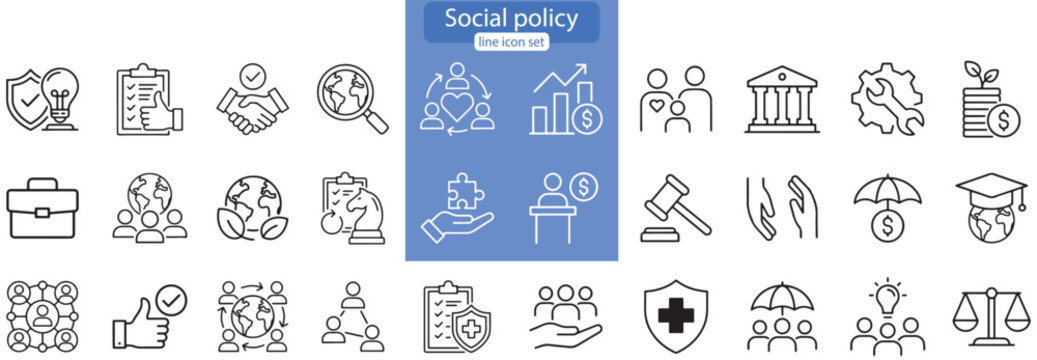 Social policy Icon Set. Social services Linear Icons, healthcare, family, education, protection, law, insurance, healthcare, reform.