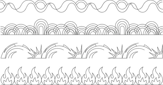 Decorative Seamless Border Vectors Featuring Waves, Abstract Arches, Splash Elements, and Fire Flame Line Patterns Set