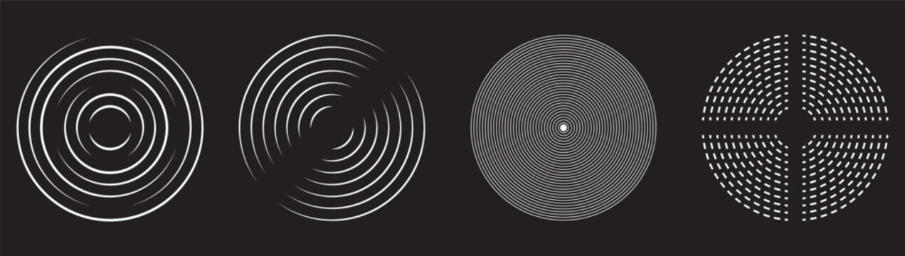 concentric ripple circles set. Sonar or sound wave rings collection. target, radar icon concept. Ripple radial signal or vibration elements. Vector line and halftone symbols