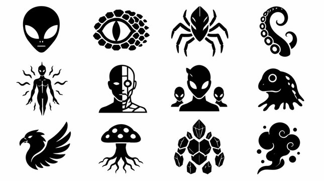 Alien creatures and monstrous extraterrestrial life silhouettes for horror or sci-fi.