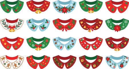 Christmas holiday collar vector collection featuring festive winter patterns with poinsettia flowers bells gingerbread ornaments and holly berry decorations © MDNUR