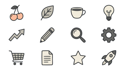 Fototapeta premium Professional Set of Twelve Minimalist Black and White Line Icons Including Cherries Leaf Coffee Cup Lightbulb Graph Pencil Magnifying Glass Gear Shopping Cart Document Star and Rocket