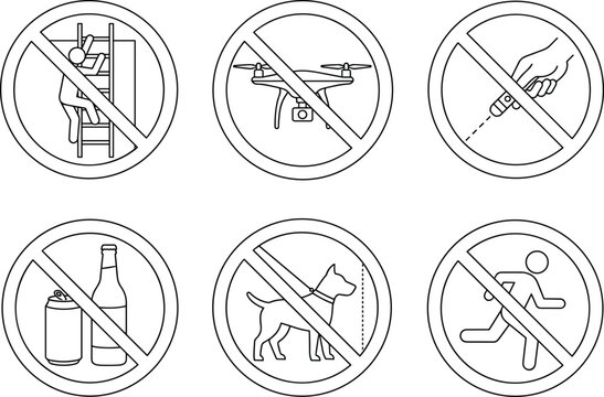 Prohibition Line Icon Set Featuring No Climbing, No Drones, No Laser Pointers, No Alcohol, No Dogs, and No Running