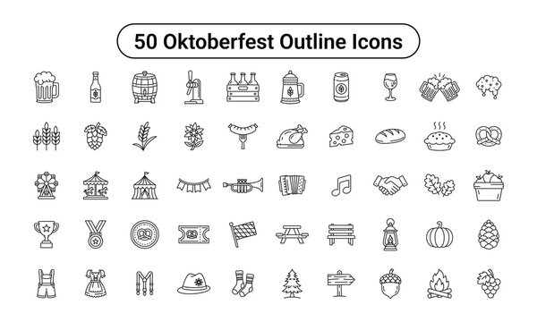 Oktoberfest Outline Icons Set, Beer Festival Line Vector Collection