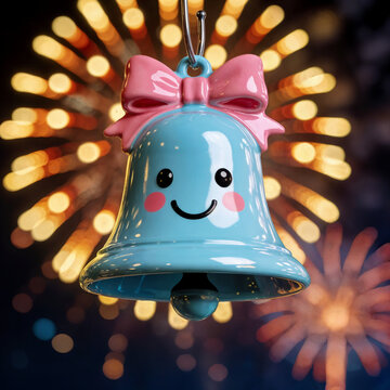 christmas blue cute bell on firework background 