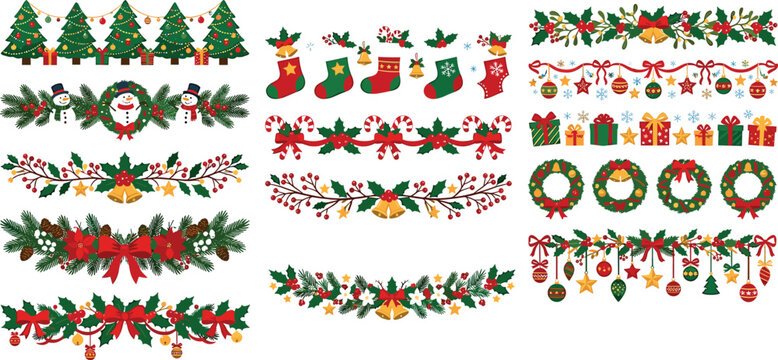 Christmas holiday border garland vector collection featuring festive pine branches holly wreaths bells snowmen pine trees and hanging winter ornaments