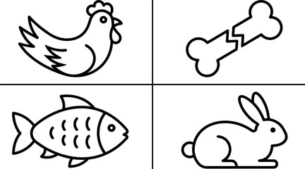 Fototapeta premium Pet Food Ingredients and Veterinary Animal Line Icon Set Featuring Chicken Fish Rabbit and Broken Bone Fracture Medical Care Symbols