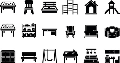 Kindergarten daycare preschool classroom furniture and playground equipment vector icon set featuring table chair swing slide and blackboard silhouettes © MDNUR