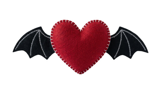 A red felt heart with black bat wings isolated on transparent background