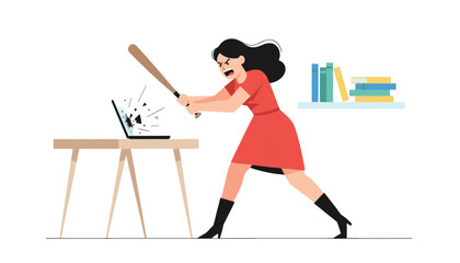 Fototapeta premium Angry businesswoman destroying her laptop computer with a baseball bat, illustrating work frustration, rage, and burnout.