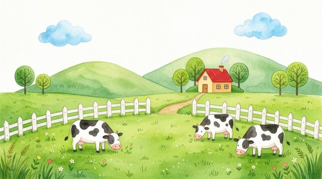 A charming watercolor illustration of a peaceful rural farm scene with black and white cows grazing in green pastures