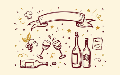 Vector illustration of festive celebration set with wine bottles glasses decorative party, greetings © MdMujahidFakir