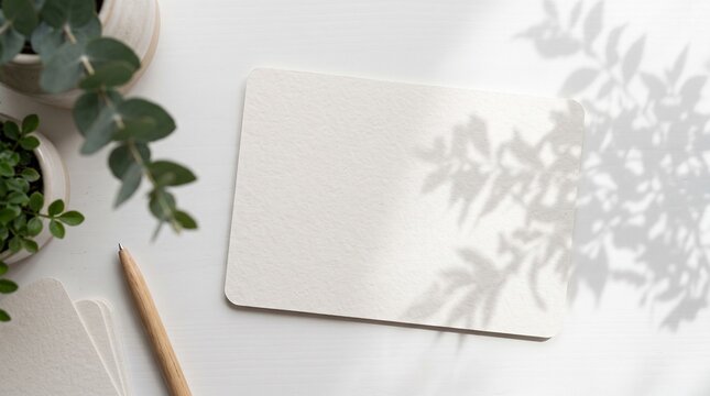 Blank paper card on white table. Minimalist stationery mockup with natural leaf shadows.
