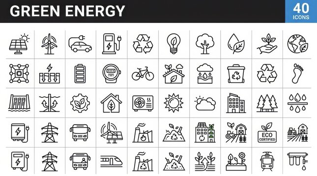 A comprehensive collection of forty black and white line art icons representing green energy sustainability and environmental conservation concepts