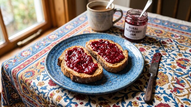 Toast with raspberry jam on a blue plate. Sourdough bread slices with fruit preserve.